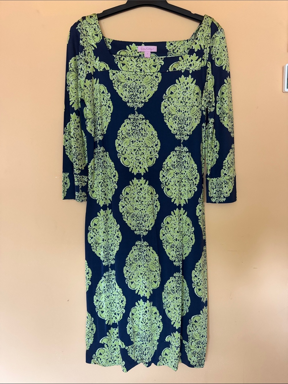 Lilly Pulitzer Navy & Lime Green Medallion Silk Square Neck Shift Dress - Size 4